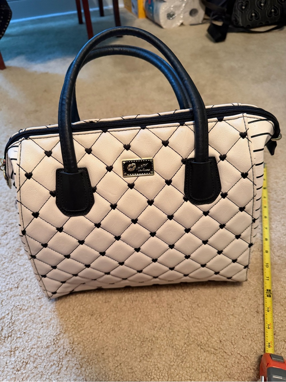 Betsey Johnson Cream Satchel with Black Trim Quilted Design